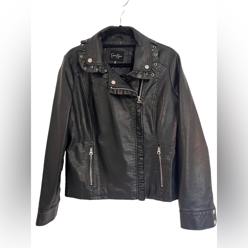 JESSICA SIMPSON Women's Faux-Leather Zip-Detail Moto JACKET Size L Color Black.